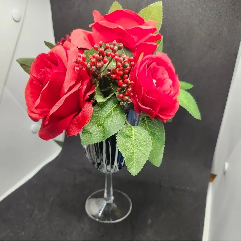 Hand Crafted Floral Table Centerpiece Summer Red Roses Flower Wine Glass